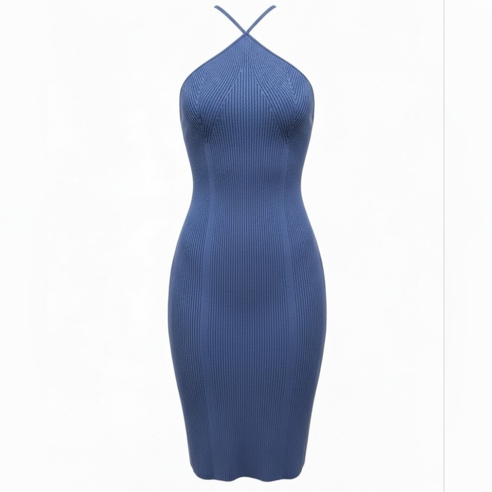 Anna Quan Midnight Blue Ribbed Knit Halter Midi Dress Size 12